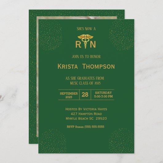 写真登録ナース卒業グリーン金ゴールド請求書 招待状 (正面/裏面)