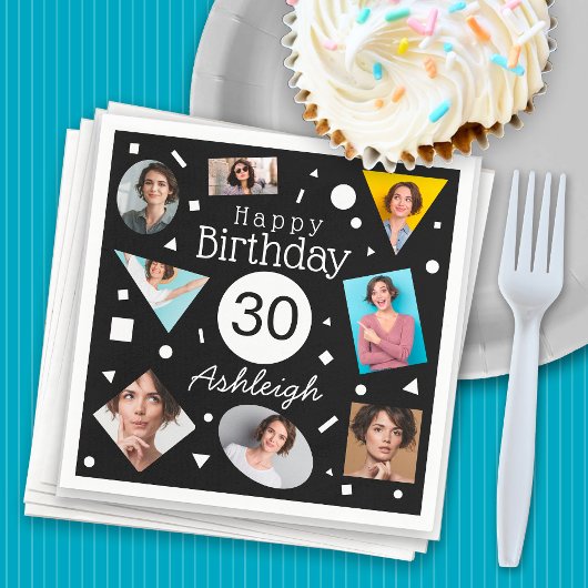 写真白黒紙吹雪名30th Birthday スタンダードカクテルナプキン