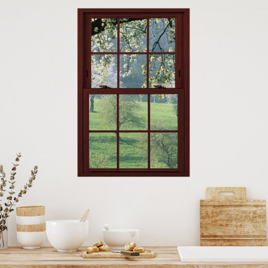 写真窓の風景 – さくらんぼの花。 ポスター (キッチン)