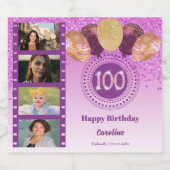 写真第100誕生日ピンクグリッターシャンパン スパークリングワインラベル (シングルラベル)