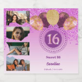 写真第16誕生日ピンクグリッターシャンパン スパークリングワインラベル (シングルラベル)