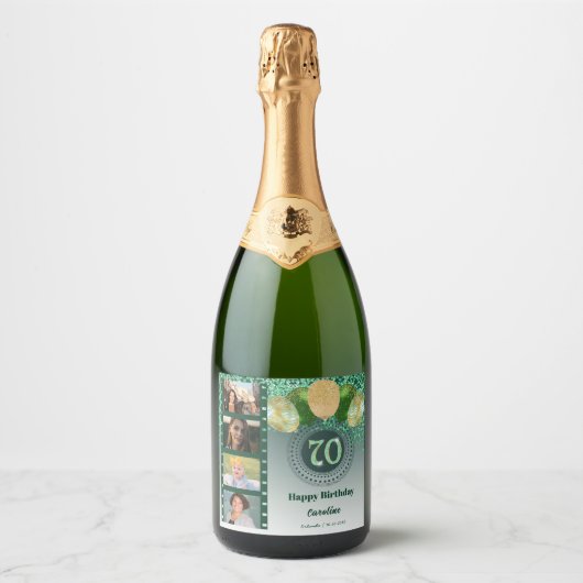 写真第70誕生日グリーングリッターシャンパン スパークリングワインラベル (正面)