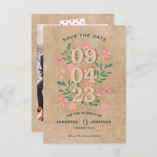 写真素朴で日付を保存ユニーク結婚する セーブザデート (正面/裏面)