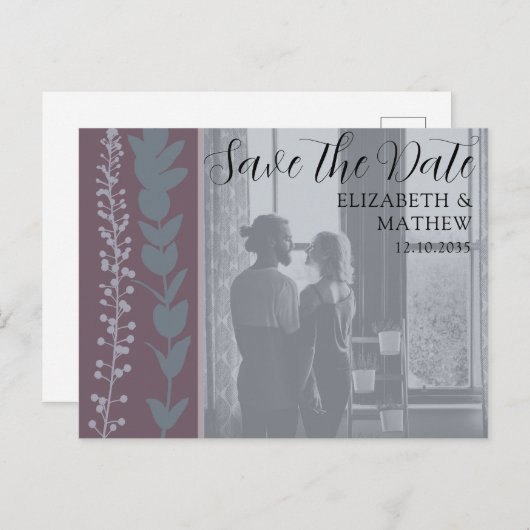 写真素朴と葉の日付を保存結婚する 案内ポストカード (正面/裏面)