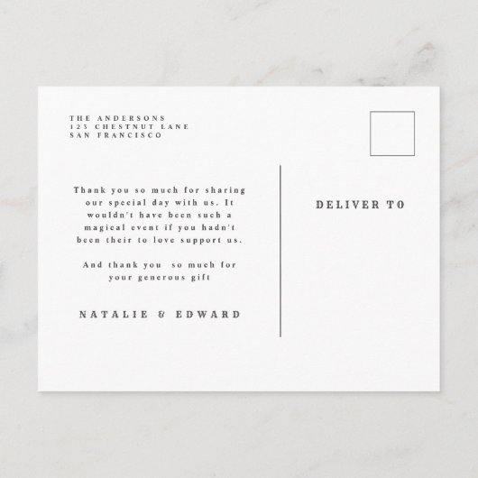 写真素朴感謝していの結婚発表 案内ポストカード (裏面)