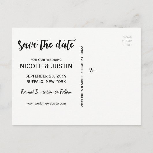 写真素朴結婚式の日付カードの保存 案内ポストカード (裏面)