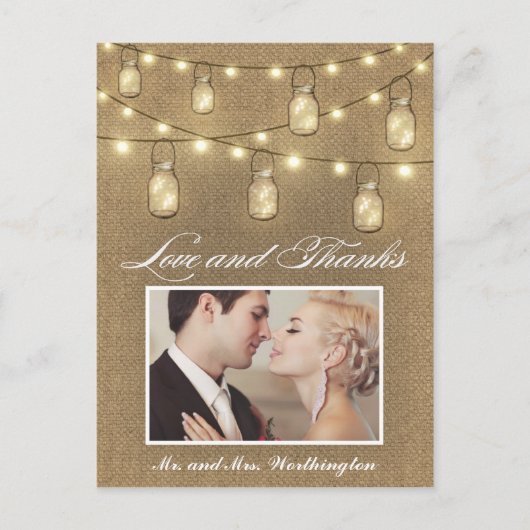 写真素朴Burlap Mason Jarありがとうはがき ポストカード (正面)