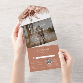 写真素朴QRコードボホテラコッタ結婚ズ オールインワン招待状