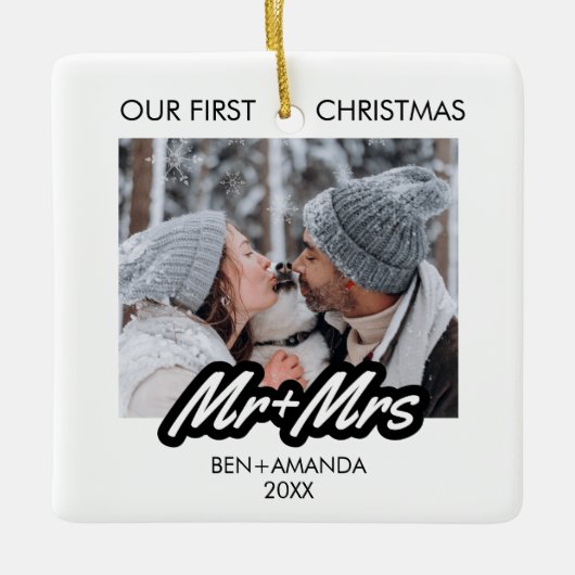 写真結婚した氏と夫人の初めてのクリスマス セラミックオーナメント (正面)