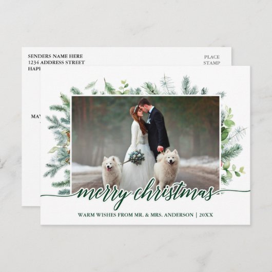 写真結婚の書道のクリスマスパイングリーン ポストカード (正面/裏面)