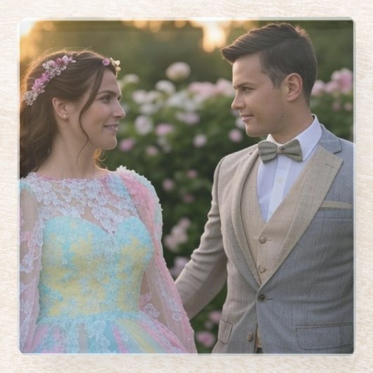 写真結婚の追加カスタマイズ ガラスコースター (正面)