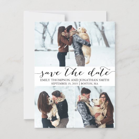 写真結婚式の日付磁石、3つの写真を保存 マグネット招待状 (正面)