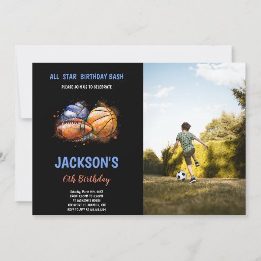 写真絵を描付きブラックスポーツ誕生日招待状 招待状 (正面)