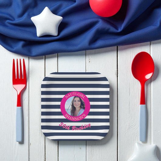 写真航海のパーソナライズされたストライプ誕生日プレート ペーパープレート