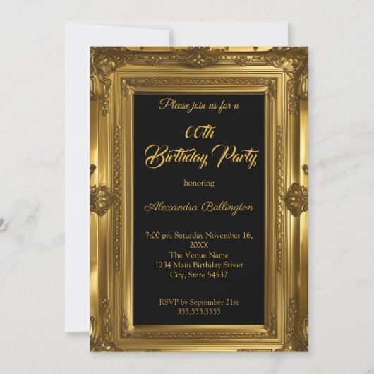 写真華美エレガント誕生日パーティー金ゴールド 招待状 (正面)