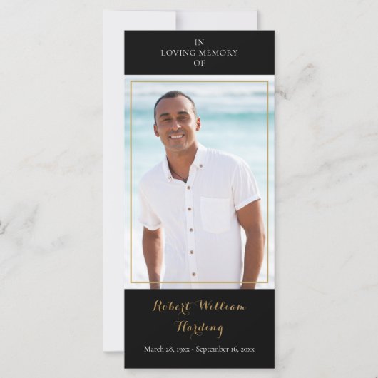 写真葬儀記念ブラックと金ゴールド祈りの言葉カード (正面)