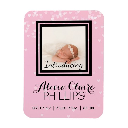 写真誕生のお知らせ |ベビーガールピンクハート マグネット (縦)