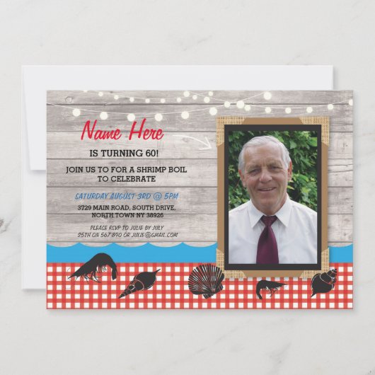 写真誕生日のパーティーエビが海の幸を煮沸招待状 招待状 (正面)