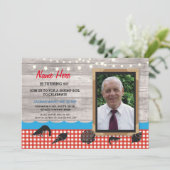 写真誕生日のパーティーエビが海の幸を煮沸招待状 招待状 (スタンド正面)