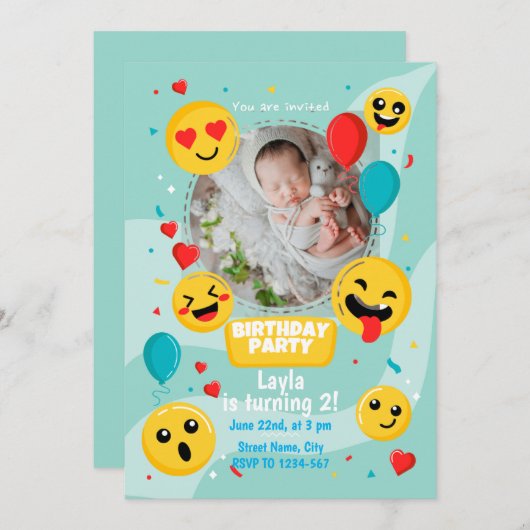 写真誕生日パーティーで手書き絵文字|過去記事 招待状 (正面/裏面)