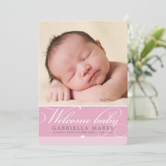 写真誕生発表ベビーラブリースクリプトピンク 案内状 (スタンド正面)