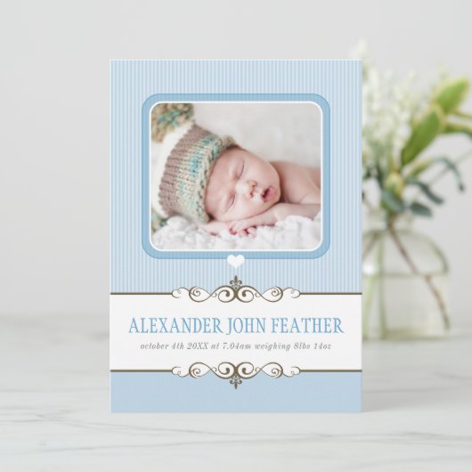 写真誕生発表大切男の赤ちゃん青 案内状 (スタンド正面)