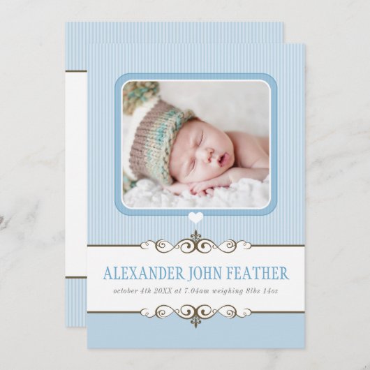 写真誕生発表大切男の赤ちゃん青 案内状 (正面/裏面)