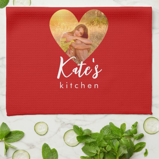 写真赤いハート枠モダン書 キッチンタオル (折り畳み)