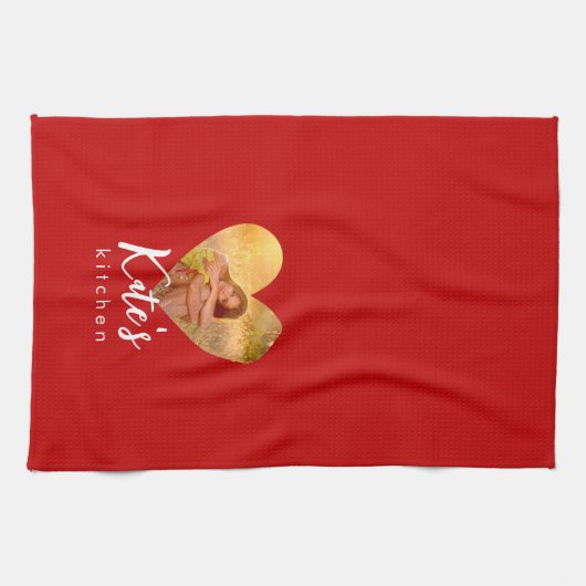 写真赤いハート枠モダン書 キッチンタオル (横)