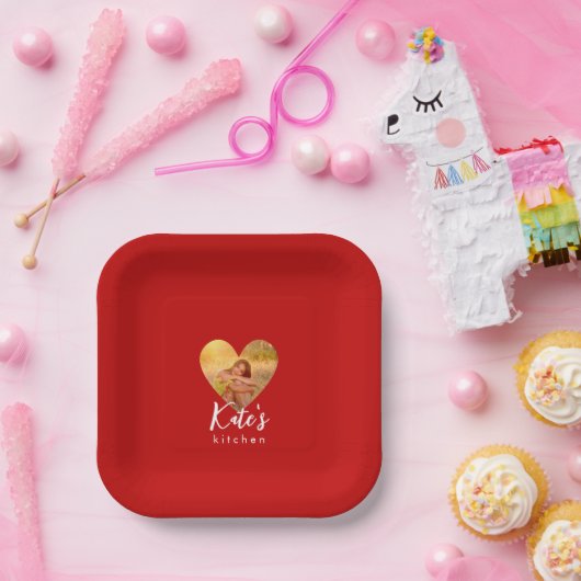 写真赤いハート枠モダン書 ペーパープレート (パーティー)