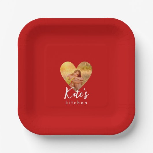 写真赤いハート枠モダン書 ペーパープレート (正面)