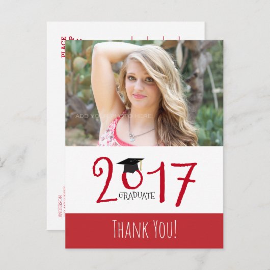 写真赤と白卒業ありがとう 案内ポストカード (正面/裏面)