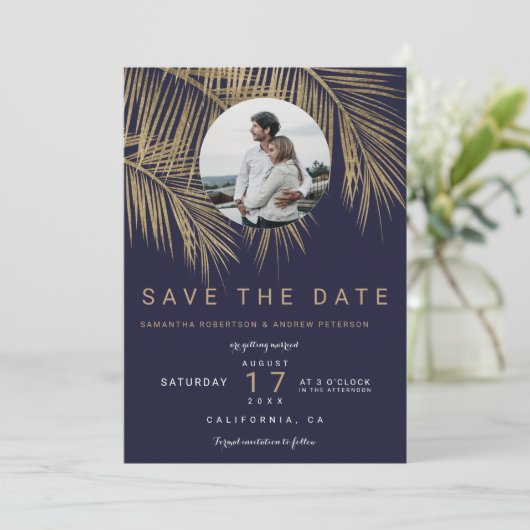 写真金ゴールドのヤシの木のネイビーブルー日付を保存 セーブザデート (スタンド正面)