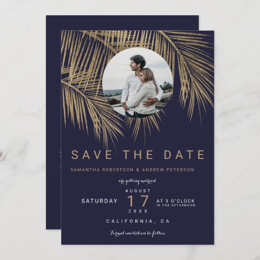 写真金ゴールドのヤシの木のネイビーブルー日付を保存 セーブザデート (正面/裏面)