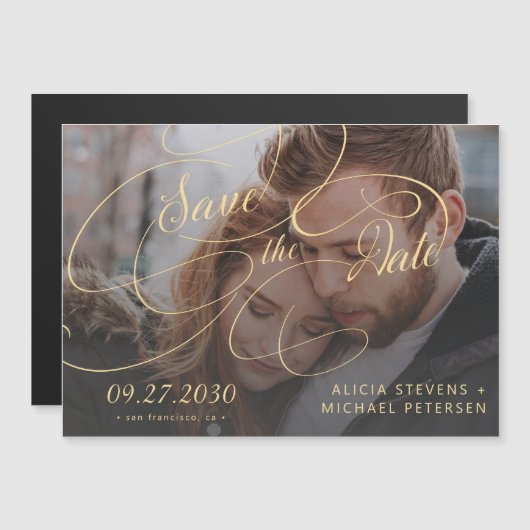 写真金ゴールドクラシックスクリプト結婚式の日付を保存 マグネット招待状 (正面/裏面)