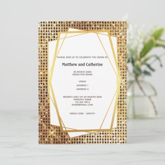 写真金ゴールドグリッター幾何学的フレームDIY予算 招待状 (スタンド正面)