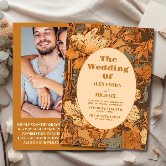 写真金ゴールドフローラ結婚アールヌーボー 招待状