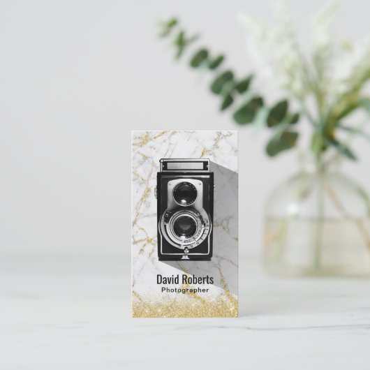 写真金ゴールドモダン大理石写真家カメラ 名刺 (スタンド正面)