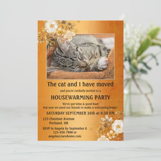 写真金ゴールド移動引っ越し祝いパーティー招待状 招待状 (スタンド正面)