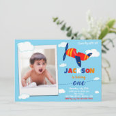 写真飛行機の誕生日の招待パイロットパーティー 招待状 (スタンド正面)