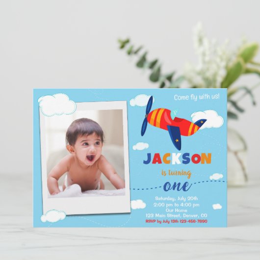 写真飛行機の誕生日の招待パイロットパーティー 招待状 (スタンド正面)