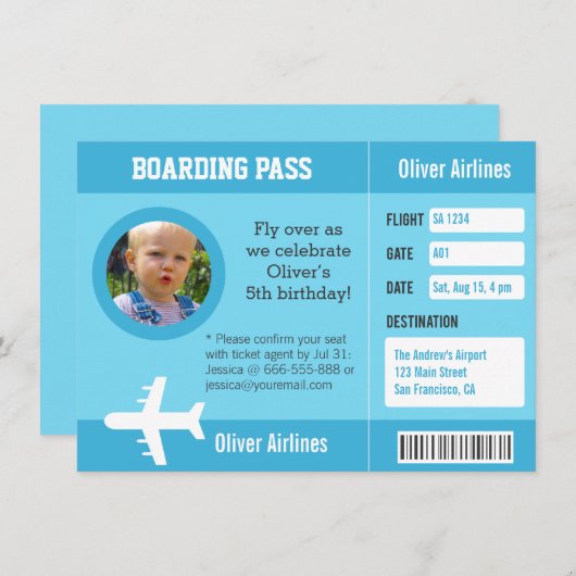 写真飛行機搭乗券誕生会 招待状 (正面/裏面)