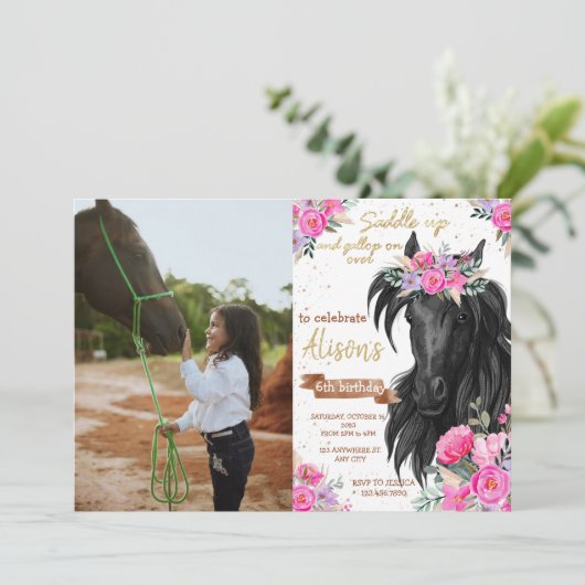 写真馬の誕生日リトル女性のカーボーイサドル 招待状 (スタンド正面)