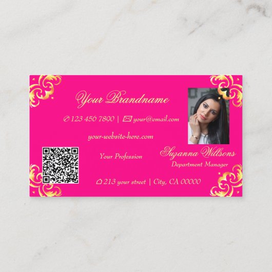 写真鮮やかとQRコー華美ド付きピンクの金ゴールド 名刺 (裏面)