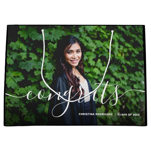 写真黒の卒業式おめでとう ラージペーパーバッグ (正面)