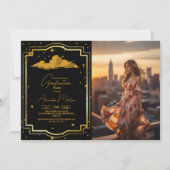 写真黒エレガント金ゴールド天測卒業 招待状 (正面)