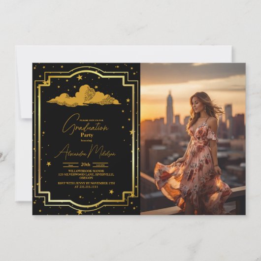 写真黒エレガント金ゴールド天測卒業 招待状 (正面)