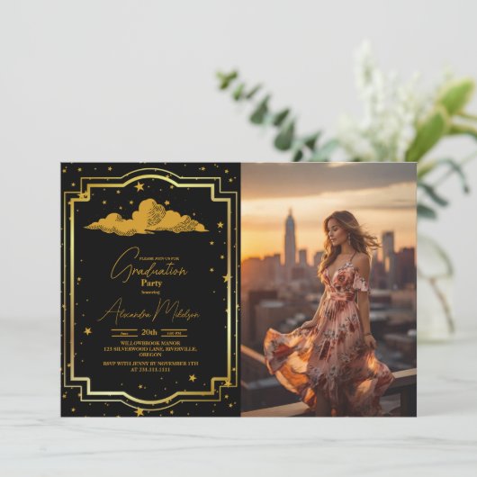 写真黒エレガント金ゴールド天測卒業 招待状 (スタンド正面)