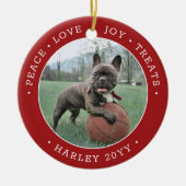 写真２枚　平和　愛　喜び　おやつ　かわいい犬　赤と白 セラミックオーナメント (正面)
