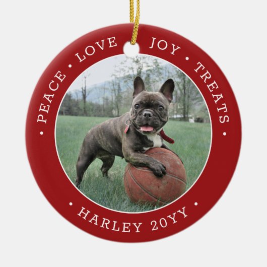 写真２枚　平和　愛　喜び　おやつ　かわいい犬　赤と白 セラミックオーナメント (正面)